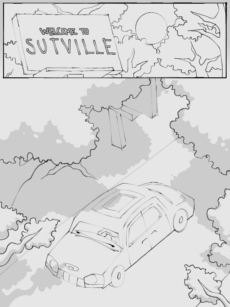 A town sign welcomes a passing car through a dense forest, overlit by the sun above past the thick leaves of the trees. The sign reads 'WELCOME TO SUTVILLE.'