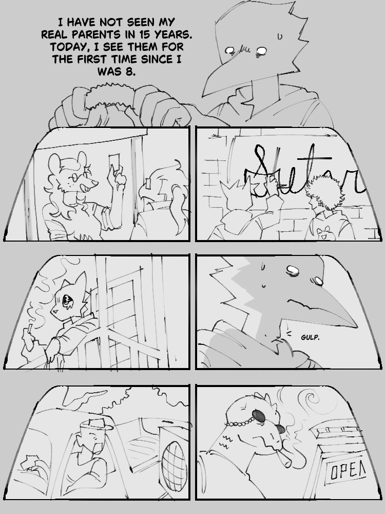 The inside of the car is dim, lit only by the front windshield, and the ghostly white eyes of his stare ahead. He thinks, 'I have not seen my real parents in 15 years. Today, I see them for the first time since I was 8.' While driving down the road, he catches glimpses of some of the towns residents; there is a mouse lady offering a raised card to a bird with a rattail; there is a tomboyish cat, and a human spraypainting a Sutville sign to say 'Slutville'; there is a short cat with glossy eyelids smoking a cigarette over the edge of an apartment balcony; there is a man yelling at a drive-through microphone; and there is a reptile lady wearing ovaled sunglasses in front of a bar door. Corbin gulps in hesitance. He is nervous at so many unfamiliars.